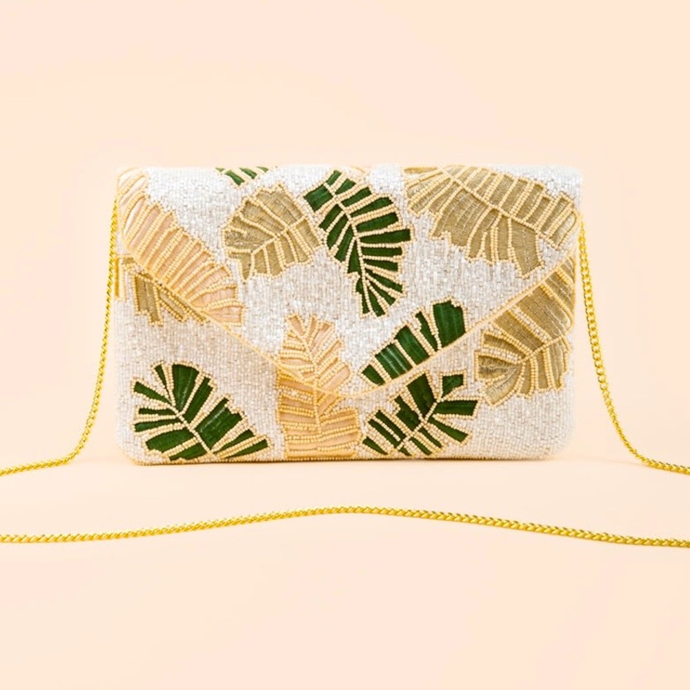 100% Cotton Hand-beaded Palm Leaves Clutch Crossbody Bag by Shirdee NWOT